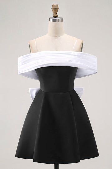 Black A-Line Off The Shoulder Short Prom Dress with Bow
